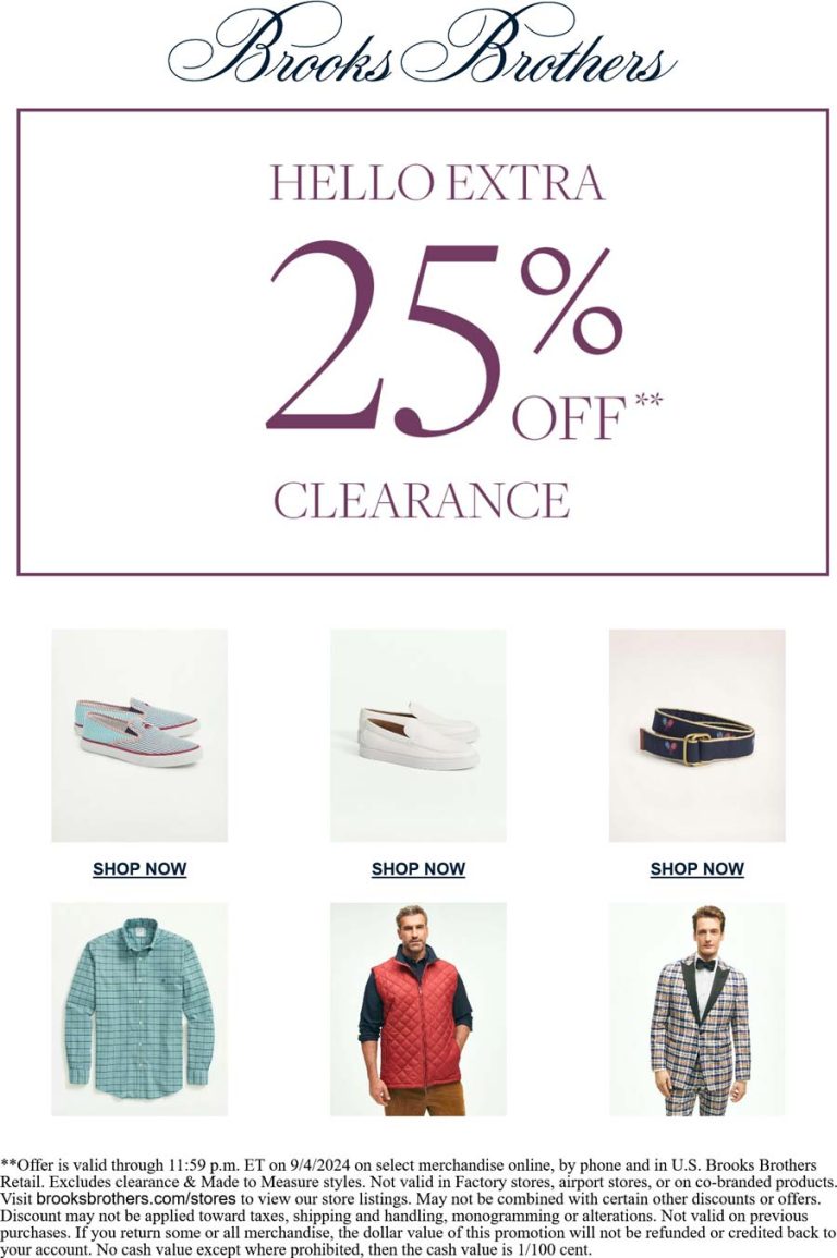 Extra 25% off clearance at Brooks Brothers, ditto online