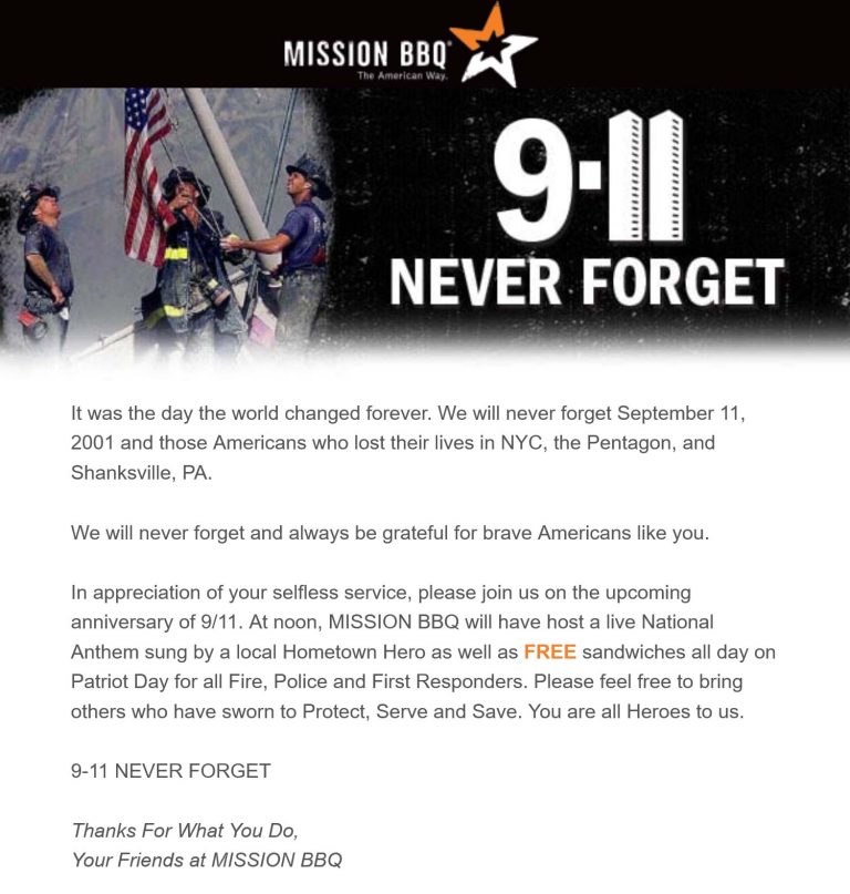 First responders enjoy a free sandwich the 11th at Mission BBQ