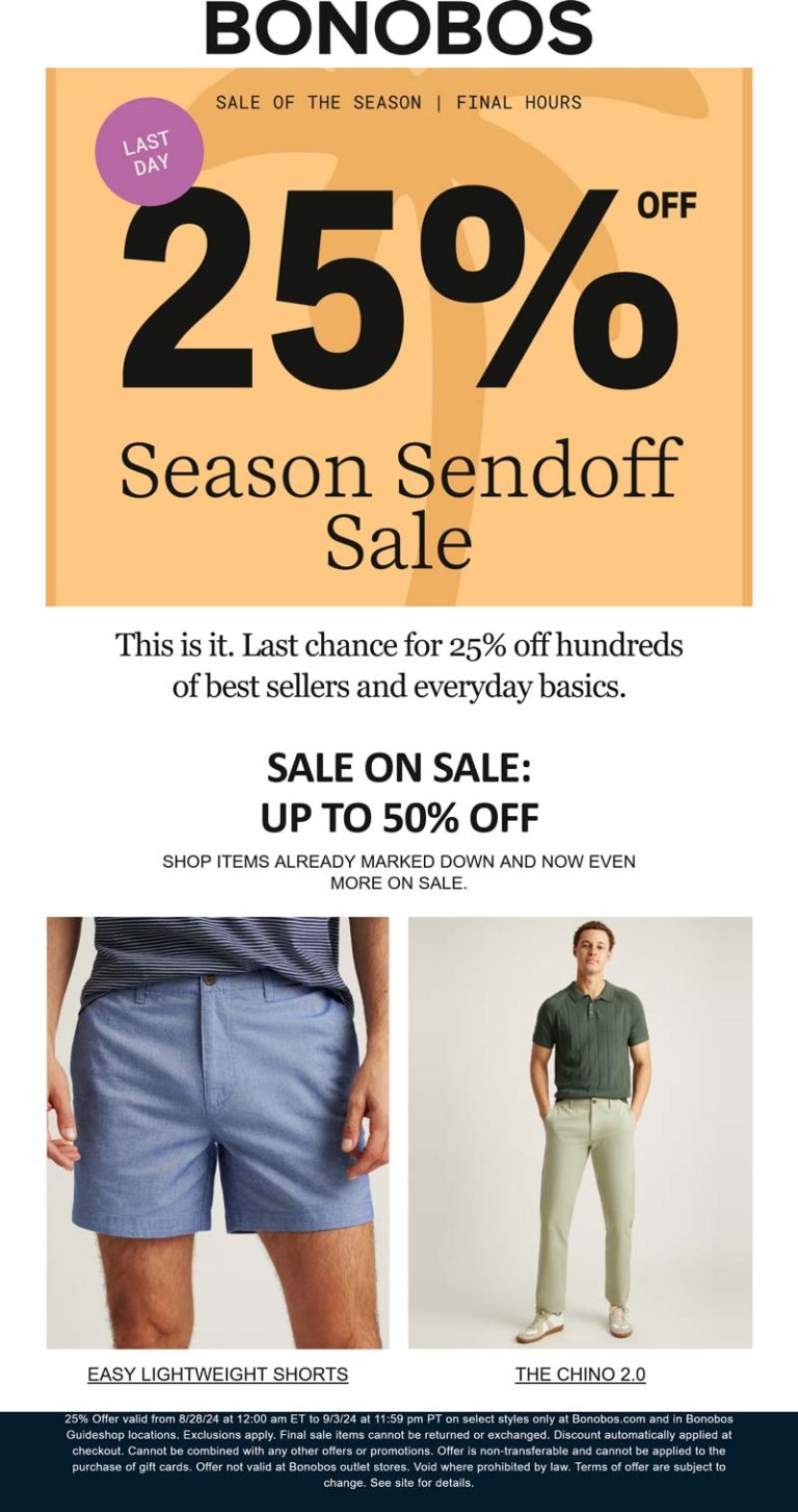 25% off today at Bonobos, ditto online