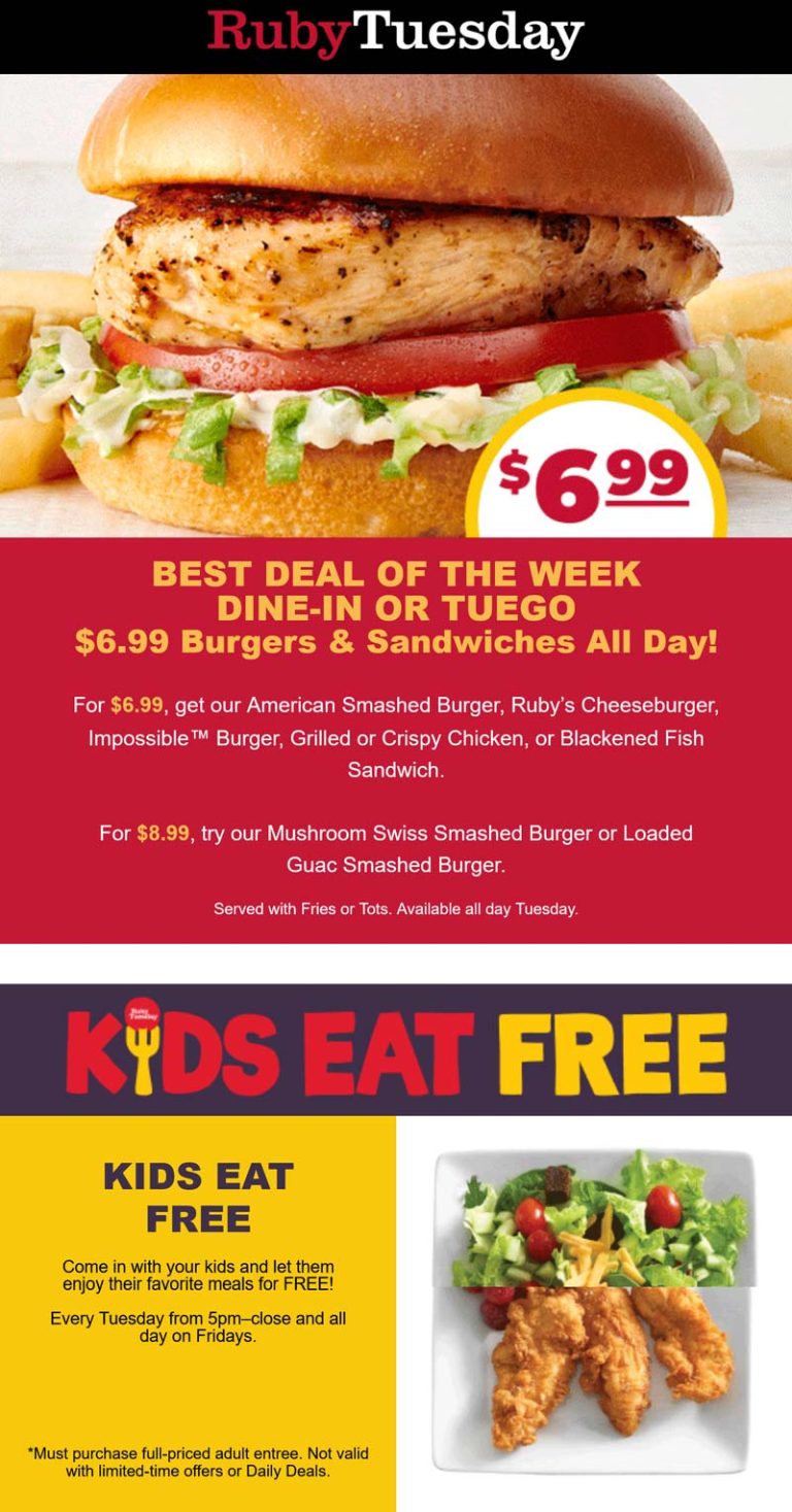 $7 burgers & sandwiches + kids eat free today at Ruby Tuesday restaurants