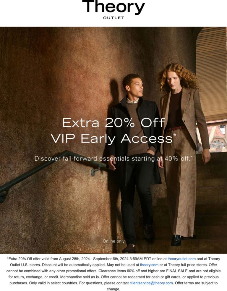 Extra 20% off at Theory Outlet, ditto online