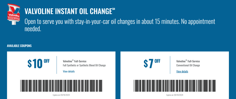 $7-$10 off an oil change at Valvoline