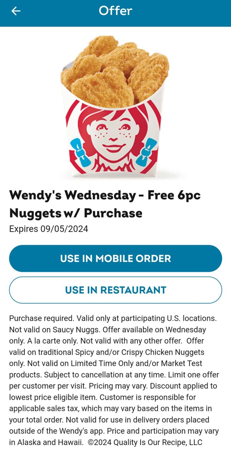 Free 6pc chicken nuggets with your mobile order today at Wendys