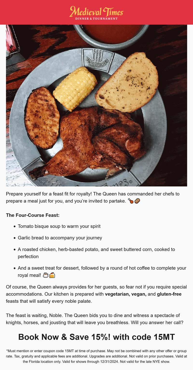 15% off at Medieval Times dinner &amp; tournament via promo code 15MT # ...