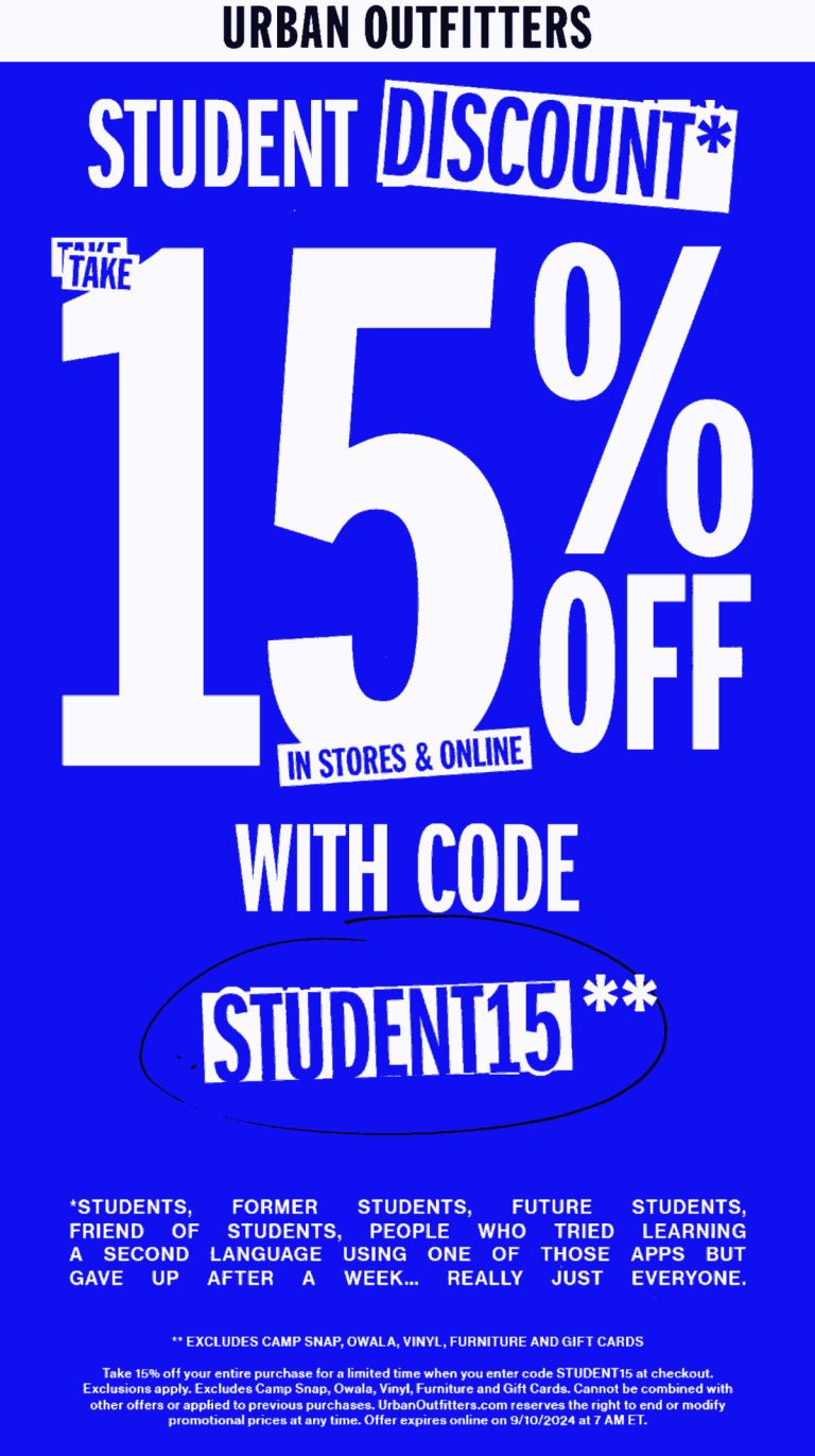 15% off at Urban Outfitters, or online via promo code STUDENT15