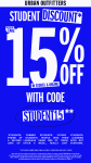 15% off at Urban Outfitters, or online via promo code STUDENT15 #urbanoutfitters