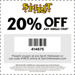 20% off a single item at Spirit Halloween, or online via promo code 414675 #spirithalloween