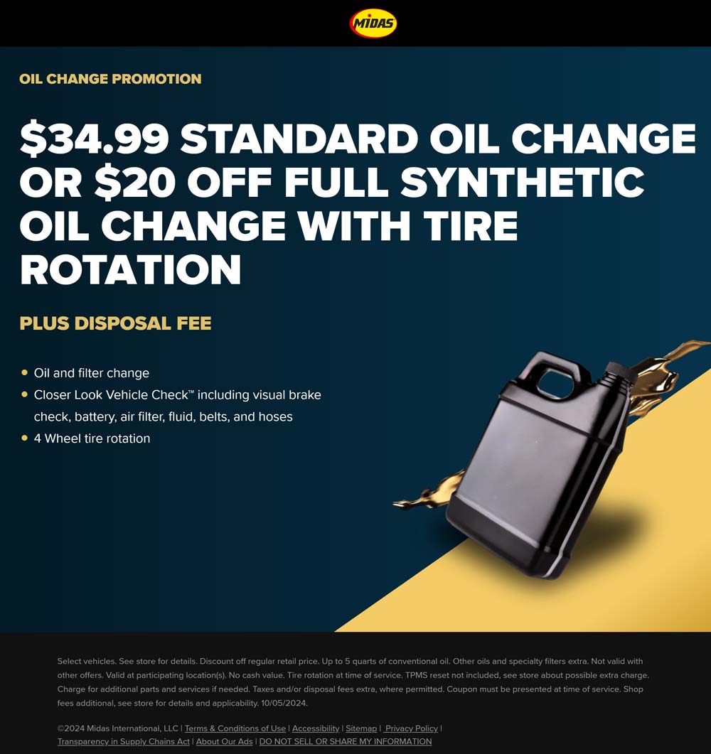 Oil change + tire rotation = 35 at Midas midas The Coupons App®