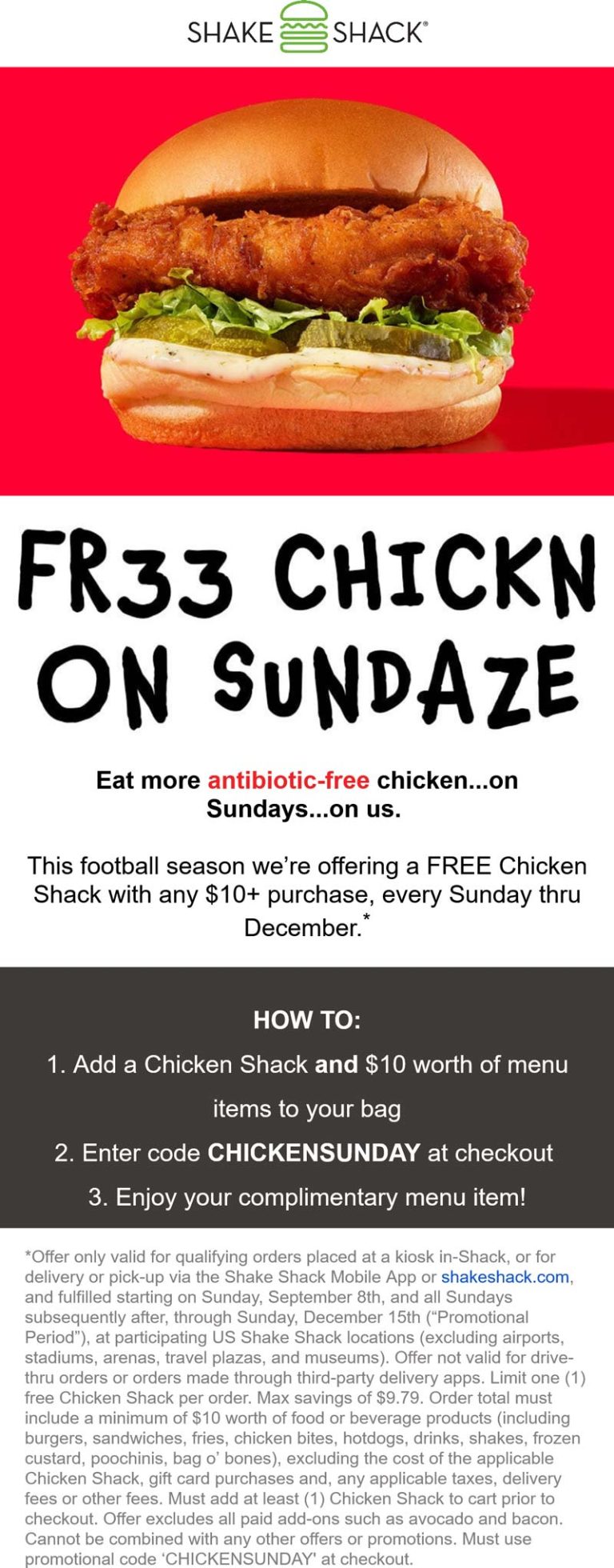 Free chicken sandwich on $10+ Sundays at Shake Shack