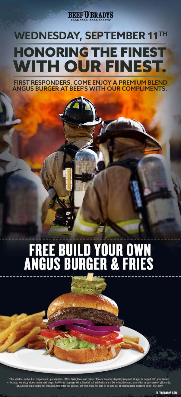 First responders enjoy a free cheeseburger & fries today at Beef OBradys #beefobradys