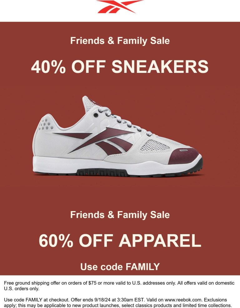 40% off sneakers & 60% off apparel at Reebok