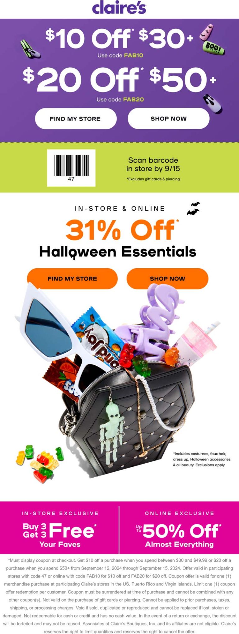 $10 off $30 & more at Claires, or online via promo code FAB10