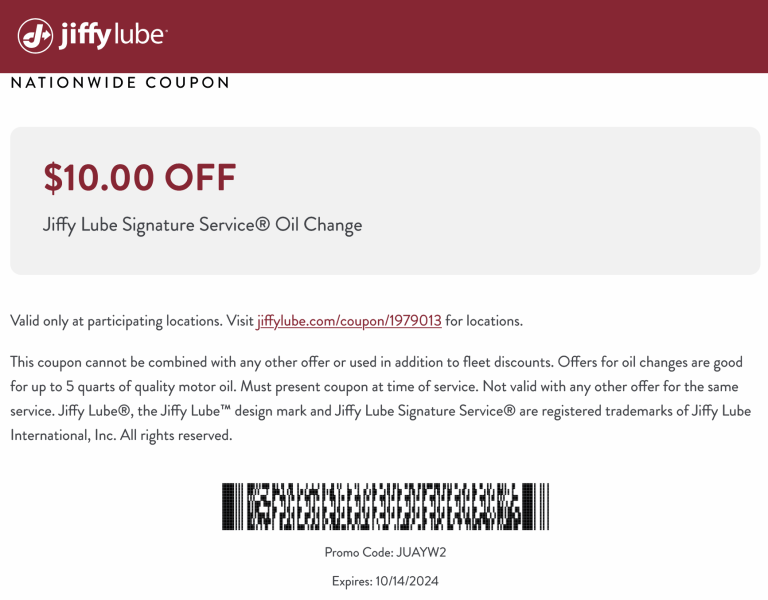 $10 off an oil change at Jiffy Lube