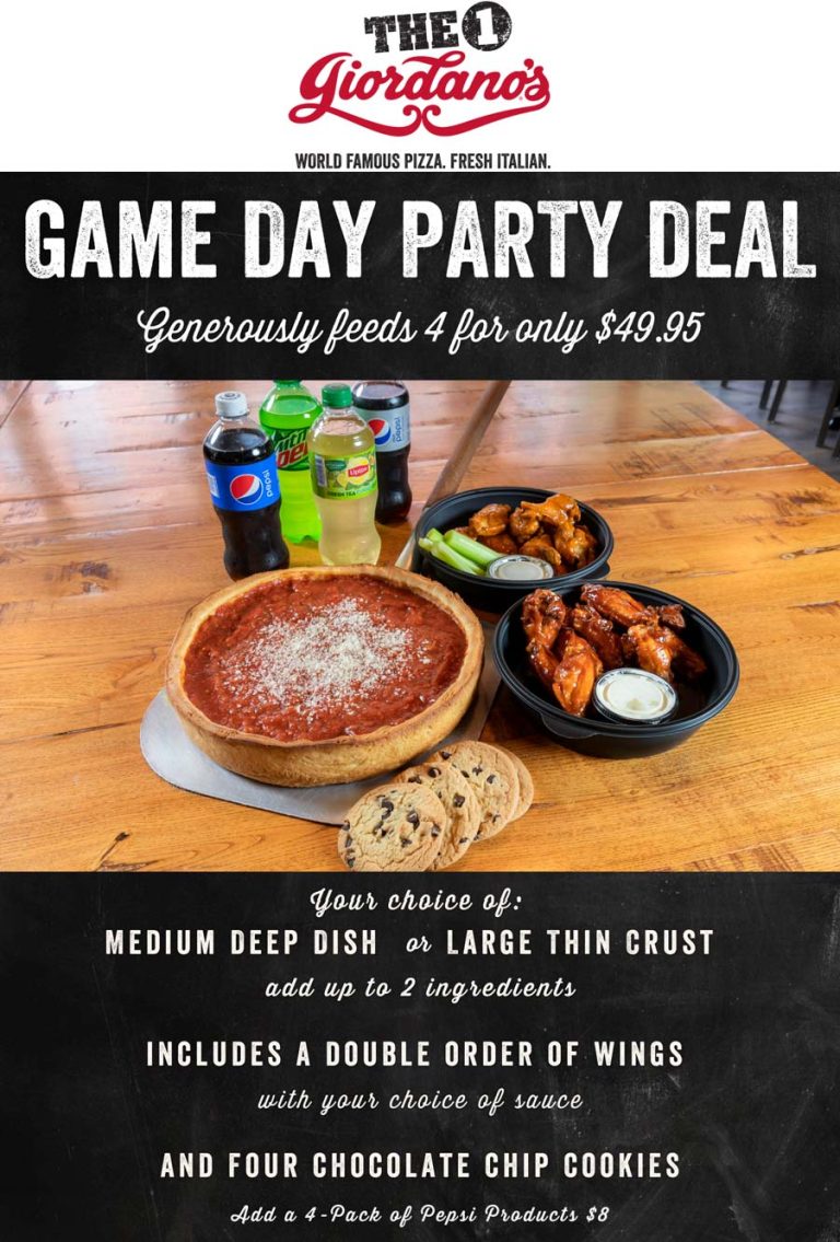 Deep dish w/2 toppings + double order chicken wings + 4 cookies = $50 today at Giordanos pizza