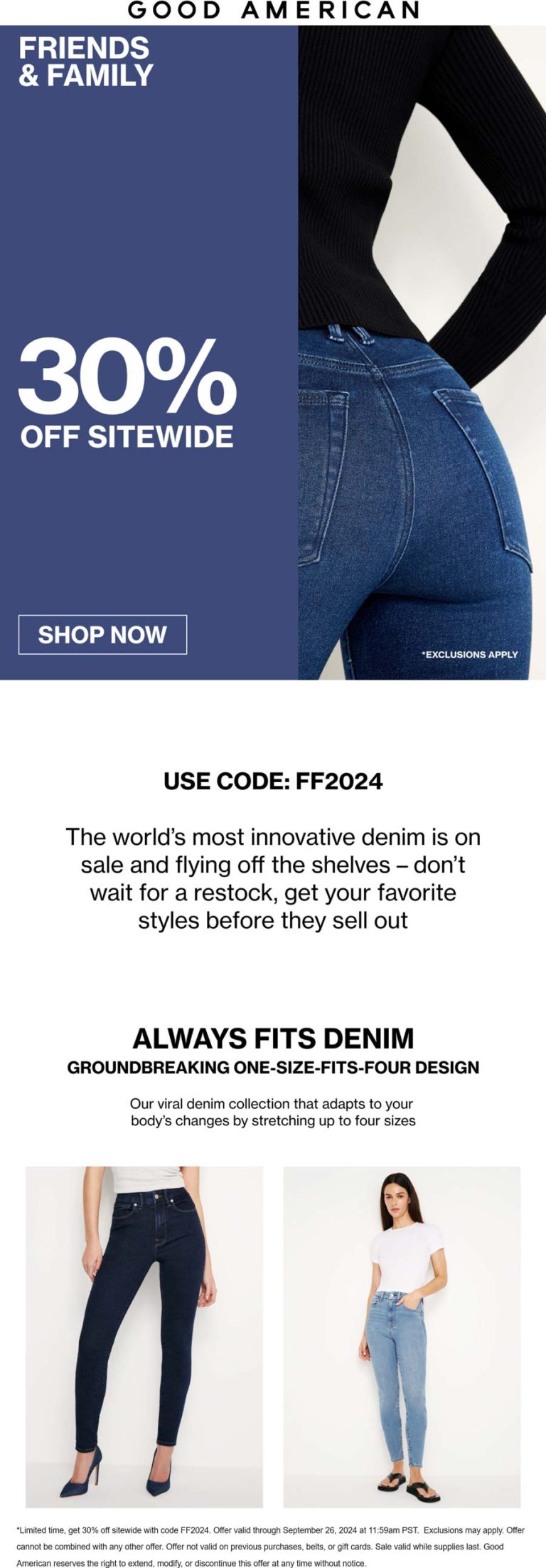 30% off everything online at Good American via promo code FF2024