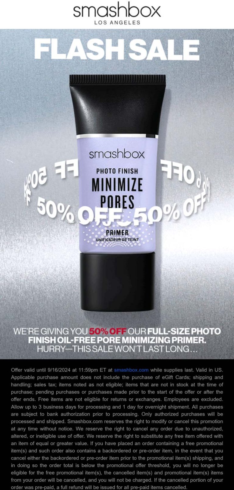 50% off finish primer at Smashbox Cosmetics