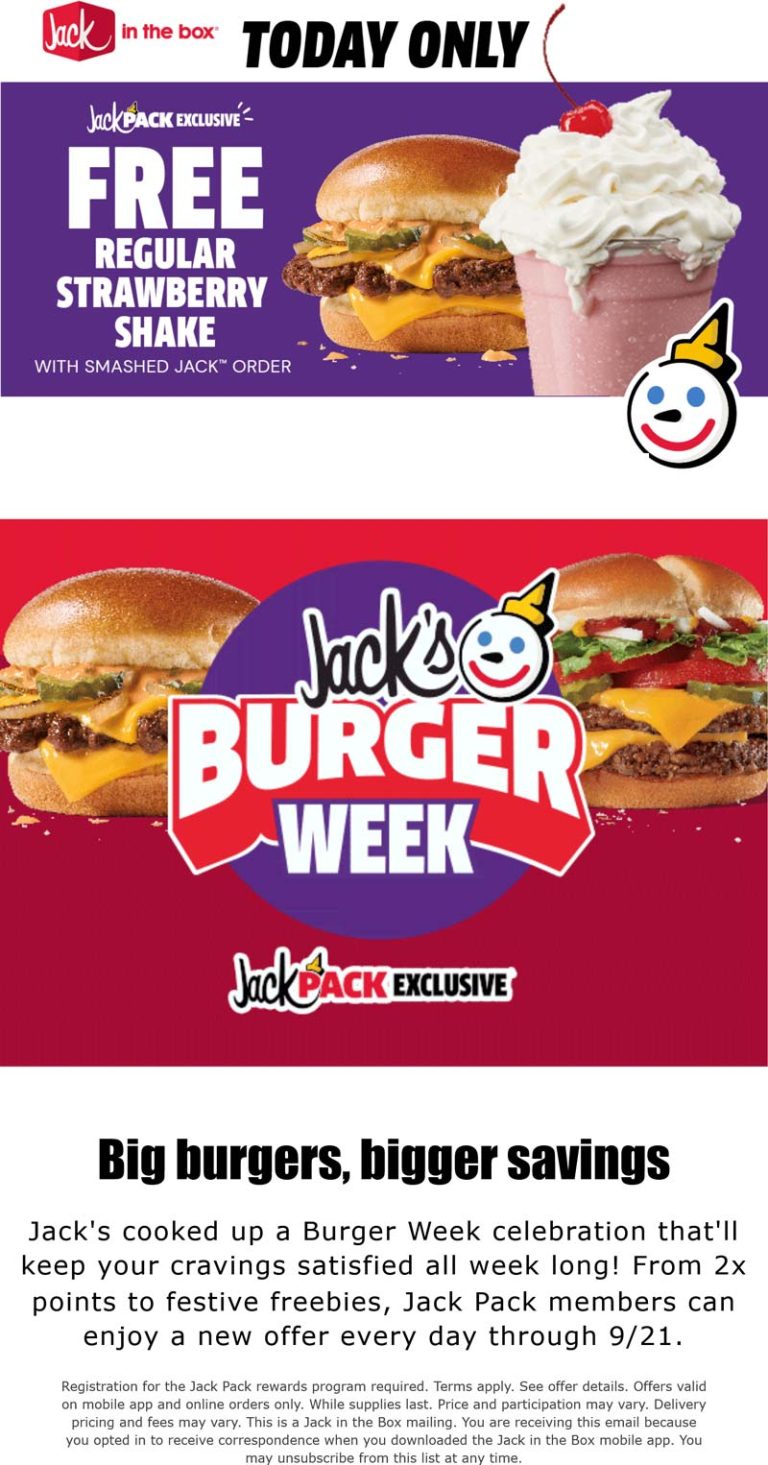 Free strawberry milkshake with your smashed jack today at Jack in the Box