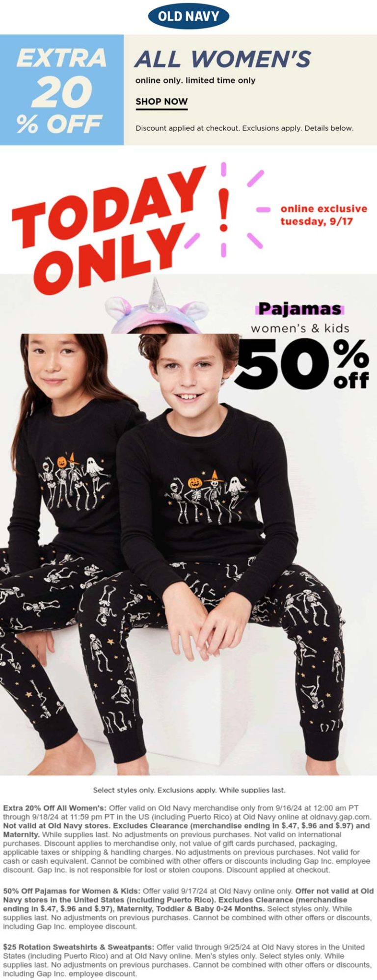 20% off all womens + 50% off pajamas today at Old Navy