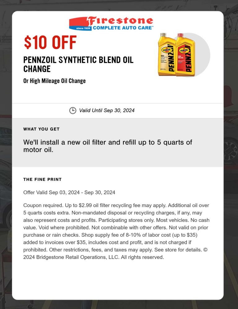 $10 off synthetic blend oil change at Firestone