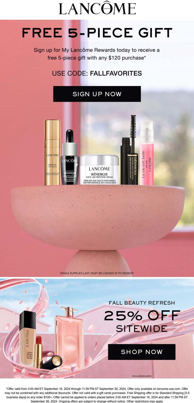 Free 5pc on $120 at Lancome via promo code FALLFAVORITES