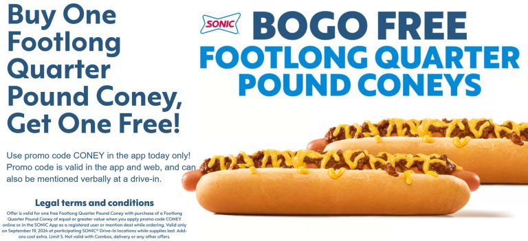 Second footlong hot dog free today via mobile at Sonic Drive-In