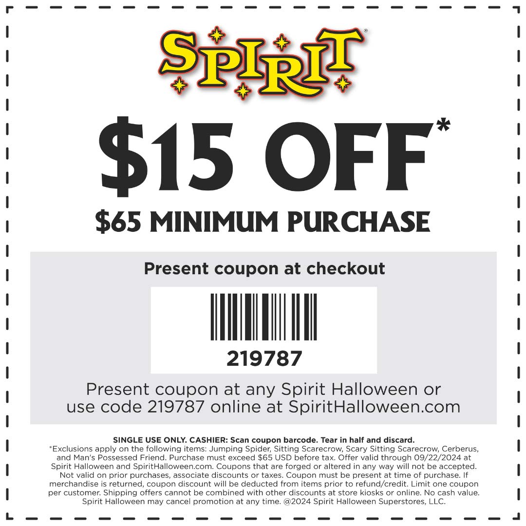 $15 off $65 at Spirit Halloween, or online via promo code 219787 #spirithalloween