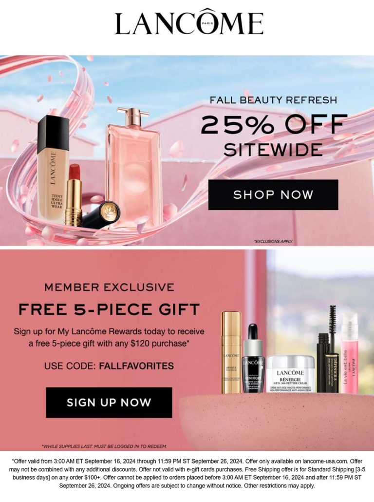 25% off everything + free 5pc on $120 at Lancome via promo code FALLFAVORITES