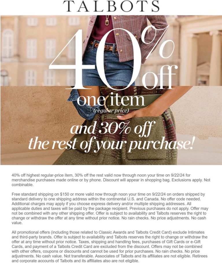 40% off a single item & 30% off the rest online today at Talbots