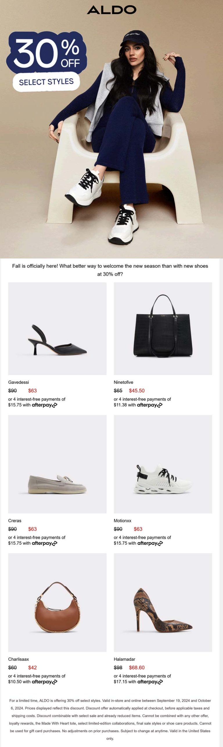 30% off at ALDO shoes, ditto online