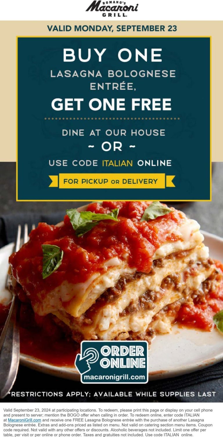 Second lasagna bolognese entree free today at Macaroni Grill