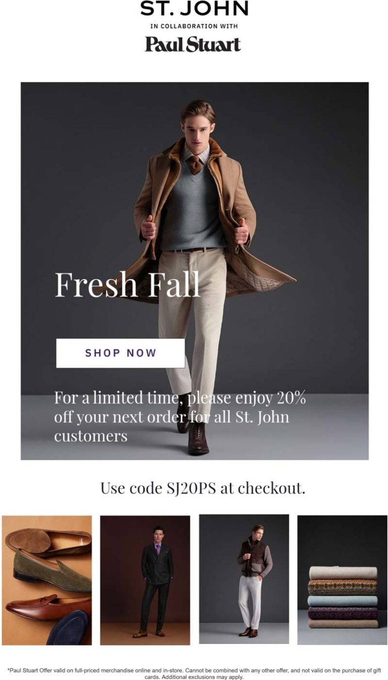 20% off Paul Stuart at St. John via promo code SJ20PS