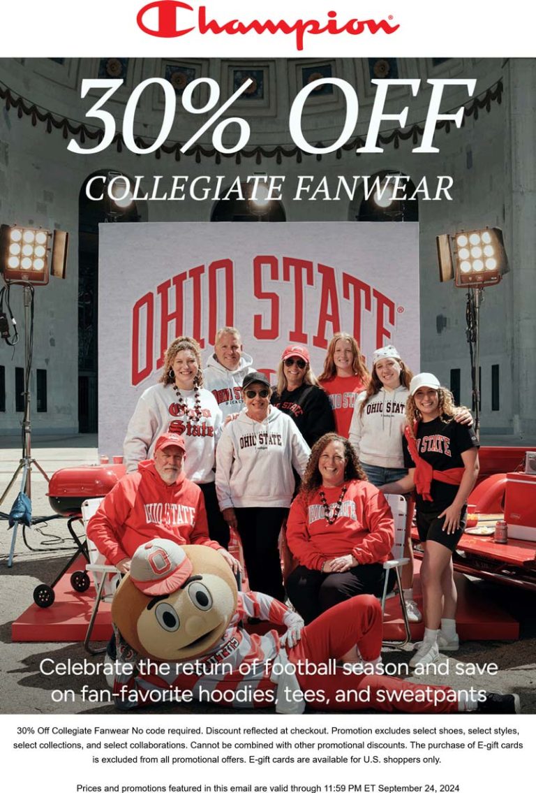 30% off collegiate fanwear today at Champion