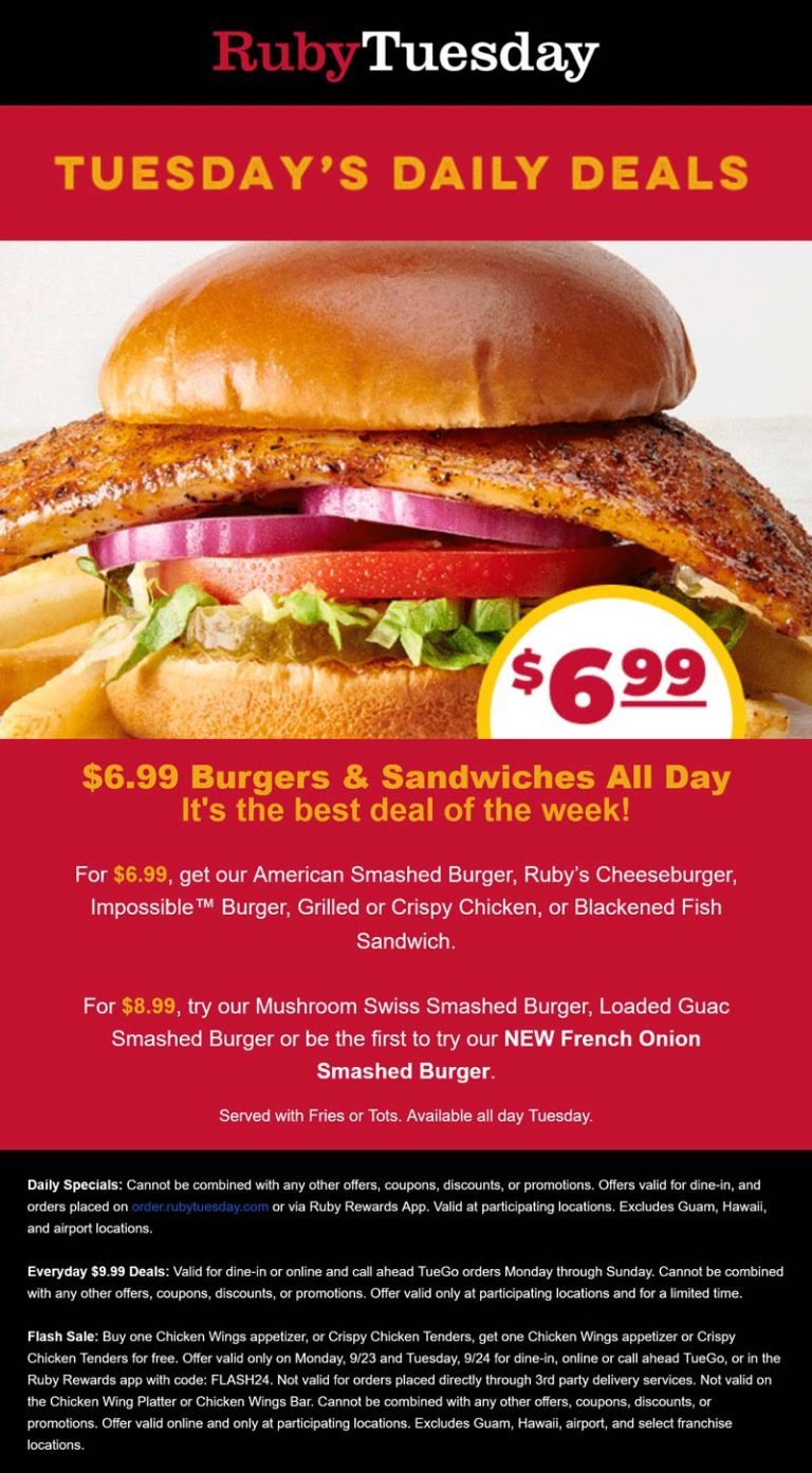 $7 burgers & chicken or fish sandwiches + fries today at Ruby Tuesday