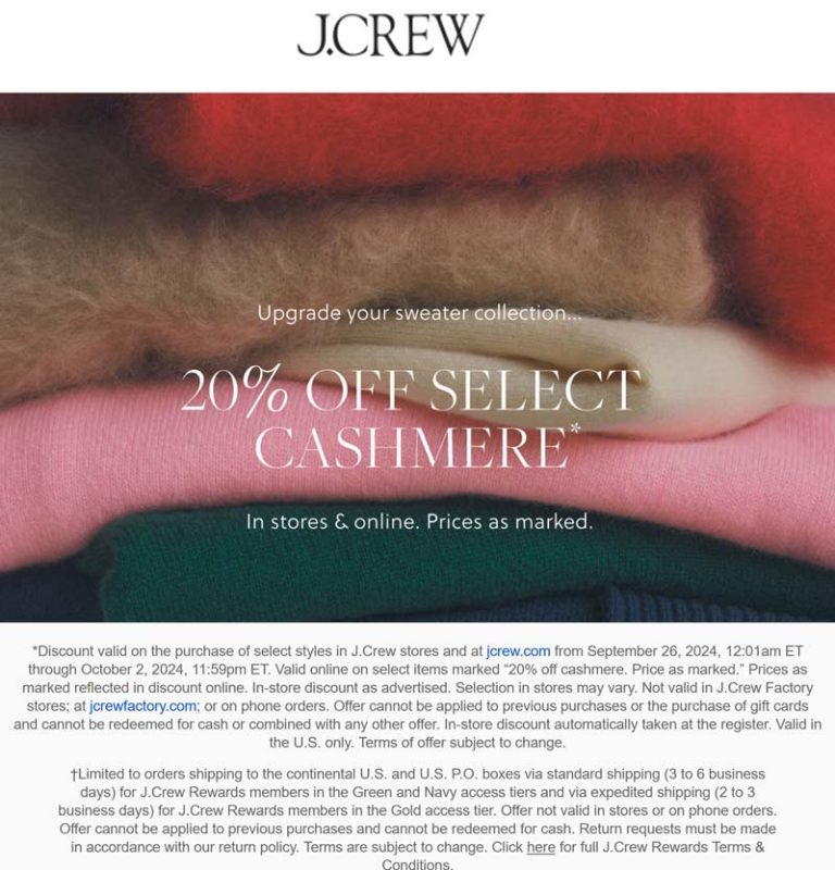 20% off cashmere at J.Crew, ditto online