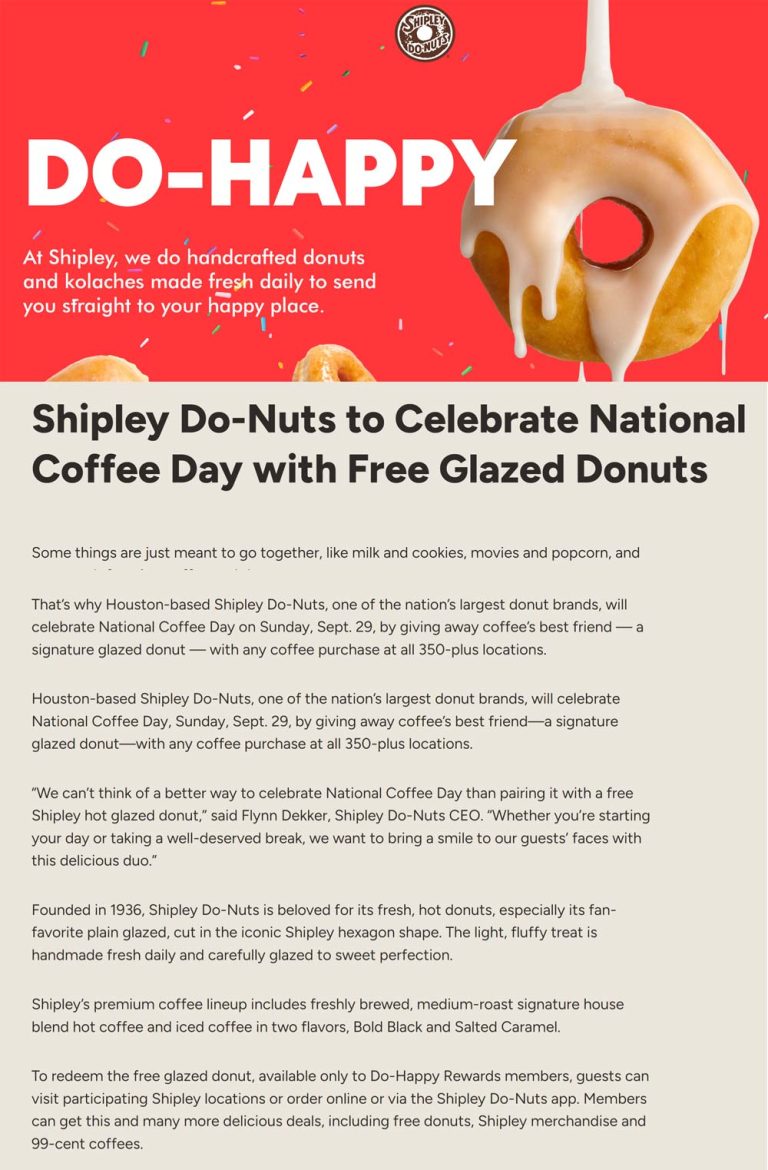 Free doughnut with your coffee Sunday at Shipley Donuts