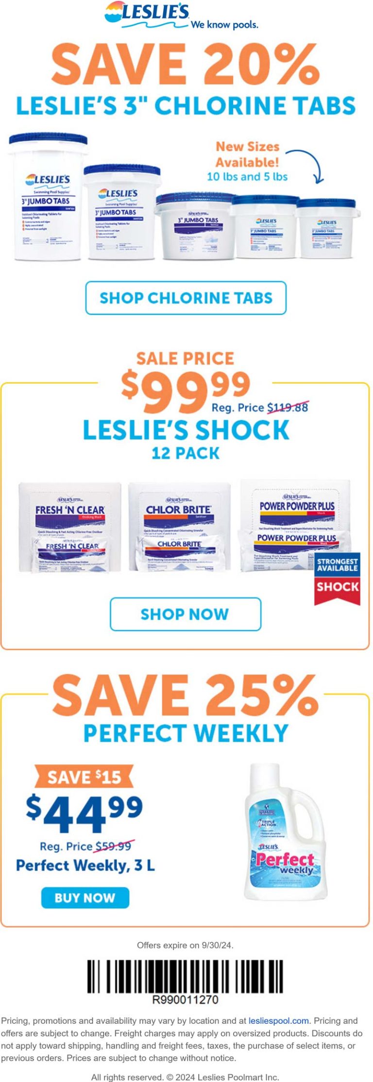 20% off all pool chlorine tabs at Leslies
