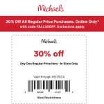 30% off a single item at Michaels, or online via promo code FALL30OFF #michaels