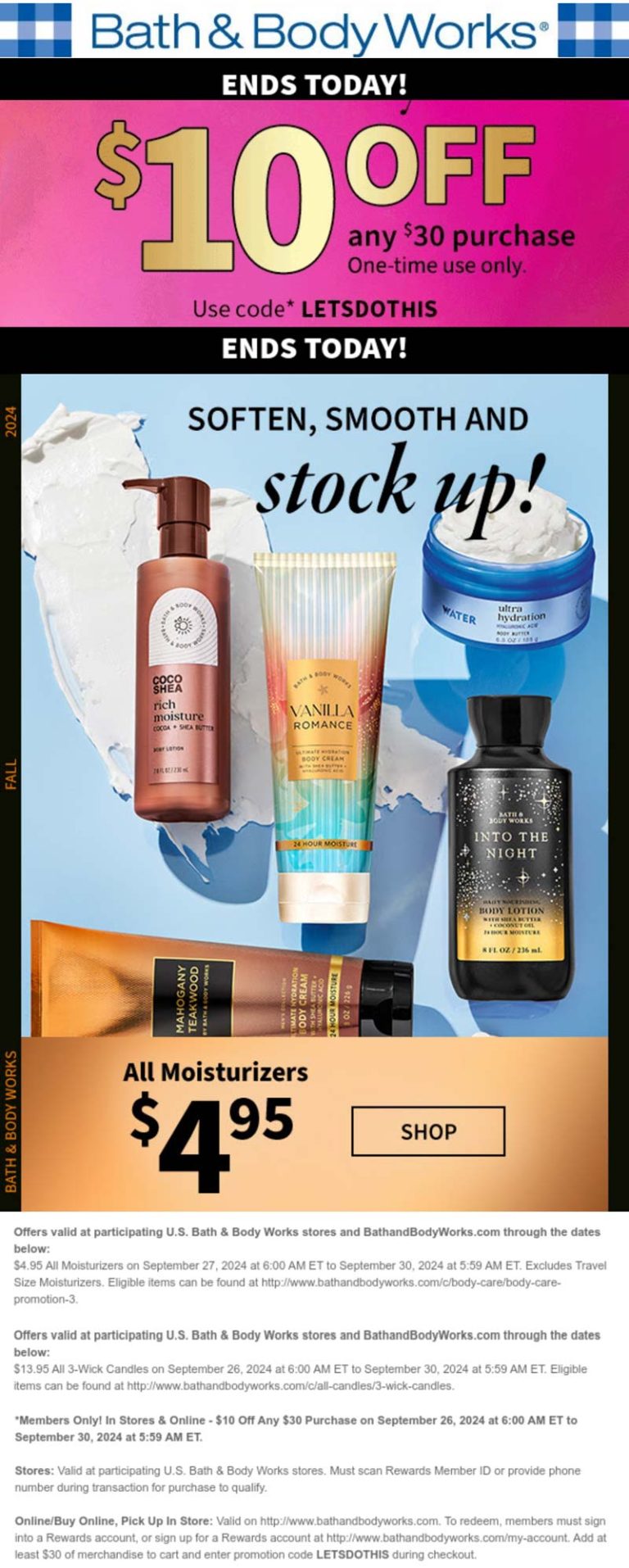 Bath & Body Works coupon: $10 off $30 + all lotions $5 today at Bath & Body Works via promo codee LETSDOTHIS