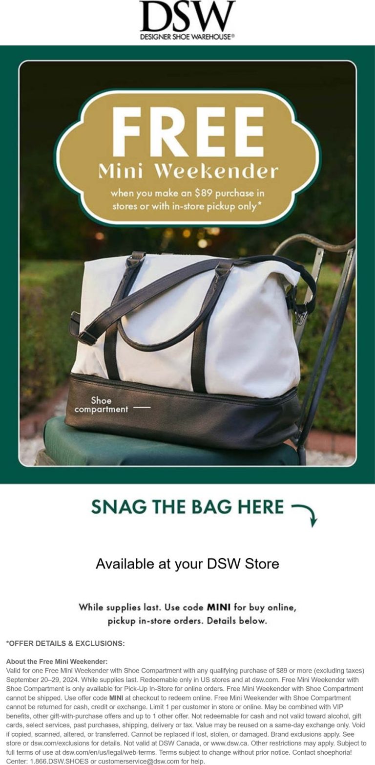 Free mini weekender bag on $89 today at DSW shoes