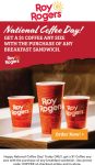 $1 large coffee with your breakfast sandwich today at Roy Rogers #royrogers