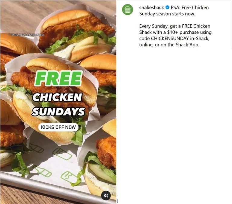 Free chicken sandwich on $10 today at Shake Shack via promo code CHICKENSUNDAY