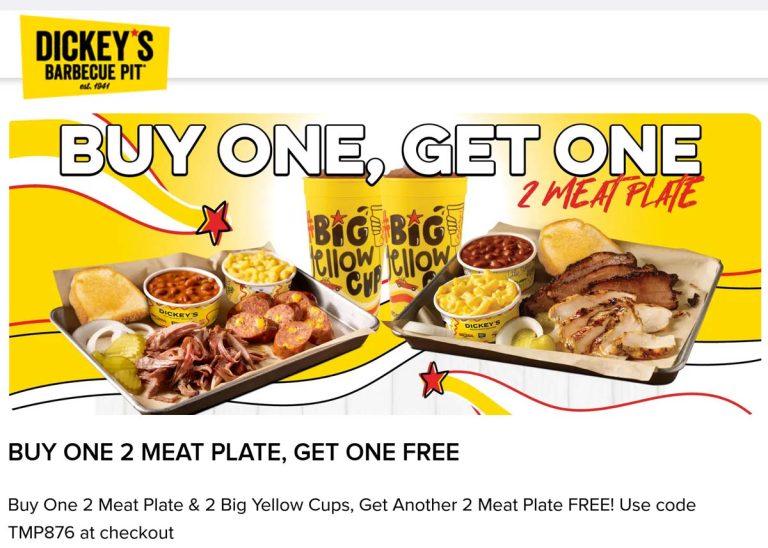 Second 2 meat plate free at Dickeys Barbecue Pit via promo code TMP876