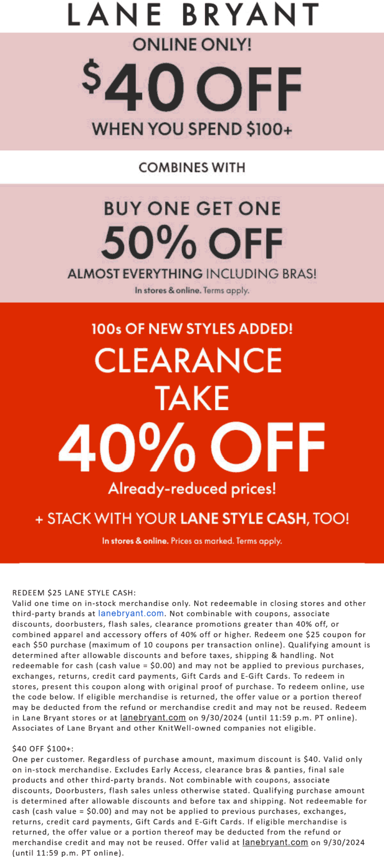 $40 off $100 + 50% off second item today at Lane Bryant, ditto online