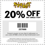 20% off a single item at Spirit Halloween, or online via promo code 257886 #spirit