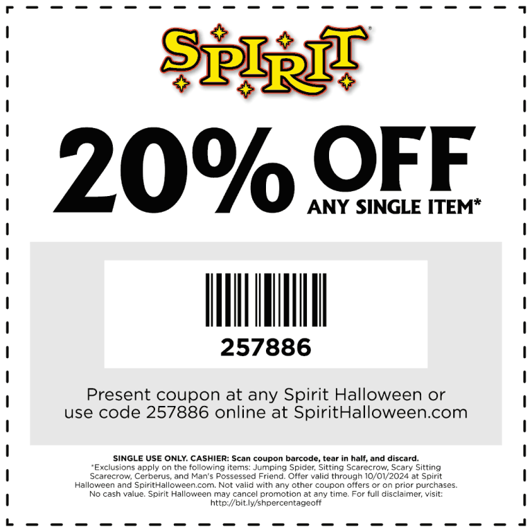 20% off a single item at Spirit Halloween, or online via promo code 257886