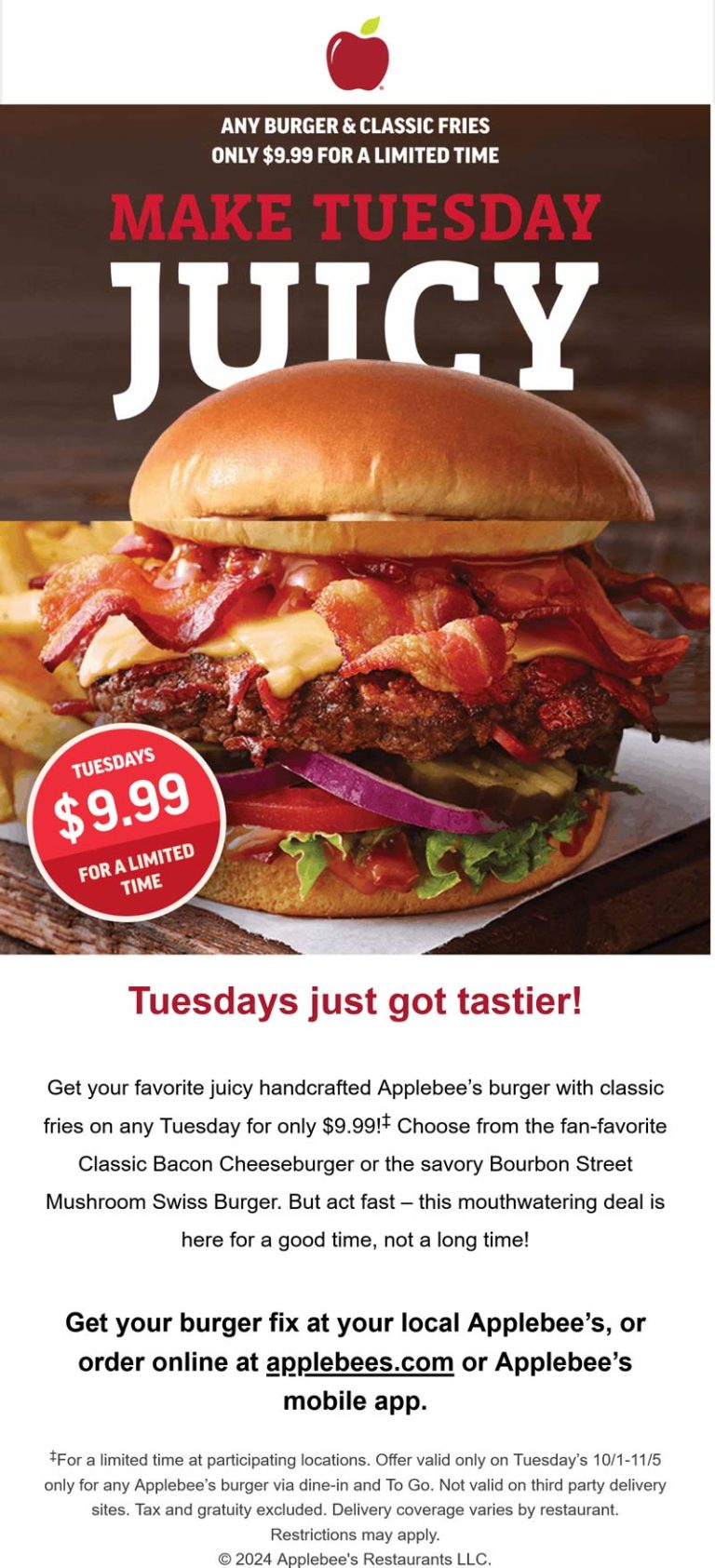 Cheeseburger + fries = $10 today at Applebees