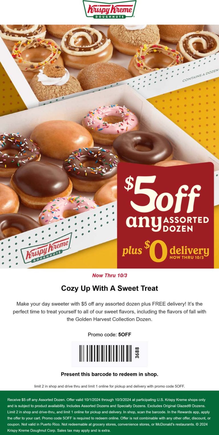 $5 off any assorted dozen at Krispy Kreme, or online via promo code 5OFF