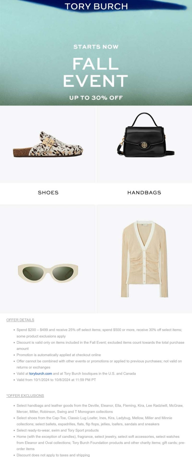 25-30% off $200+ at Tory Burch, ditto online