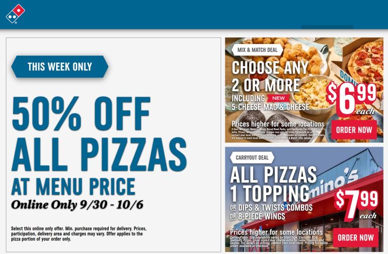 50% off all pizzas at Dominos pizza