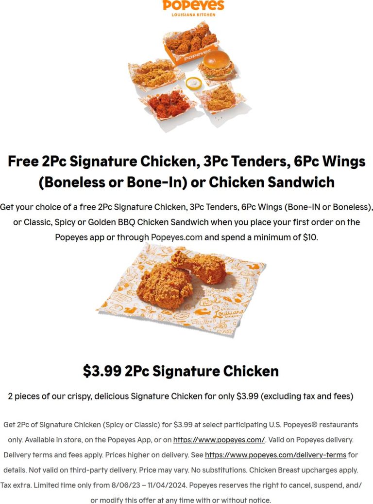 Free 2pc chicken or sandwich on $10 online at Popeyes